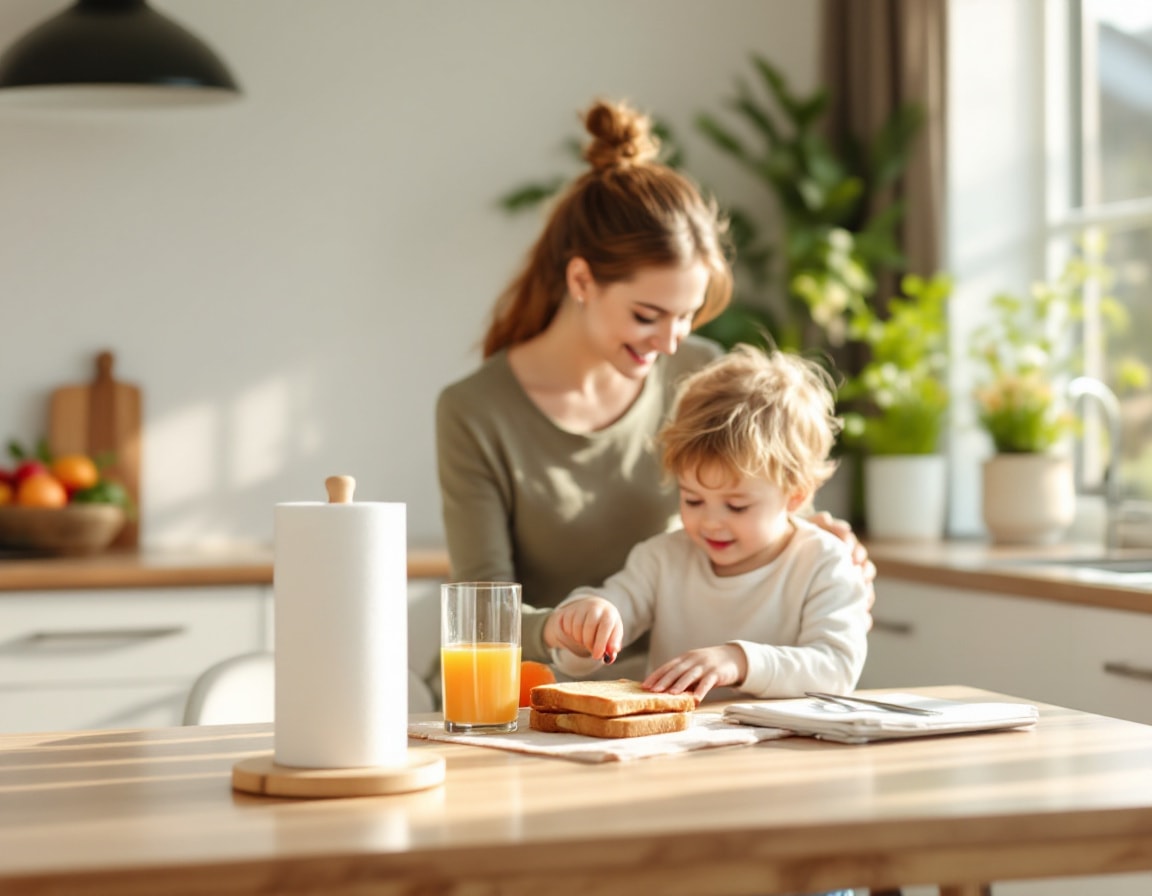 Parent and child at a sunny kitchen breakfast table with a paper towel roll