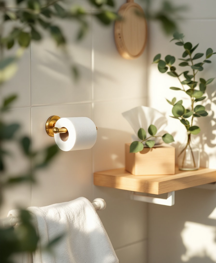 Warm home bathroom with toilet tissue, facial tissues and folded towels