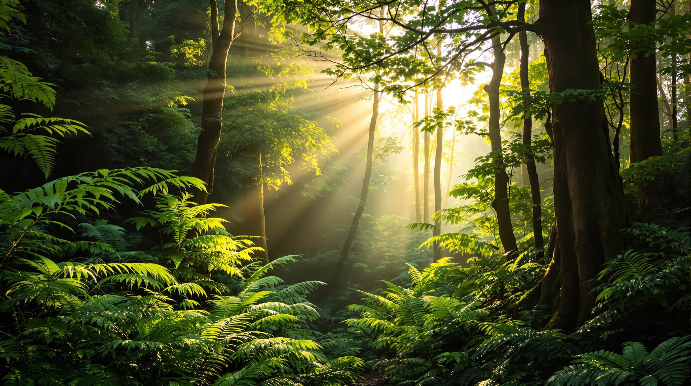 Morning light through ferns and native trees in a lush New Zealand forest