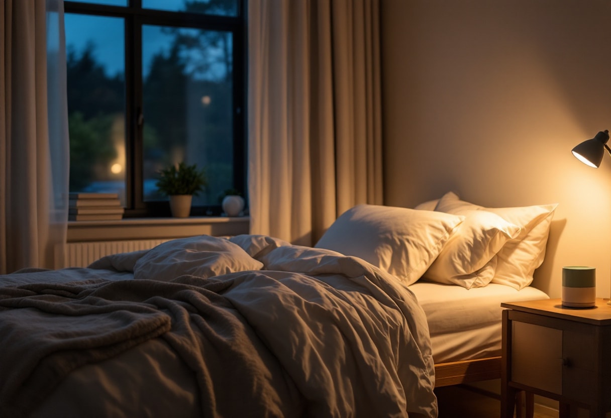 Calm bedroom at night with soft white bedding and a warm bedside lamp
