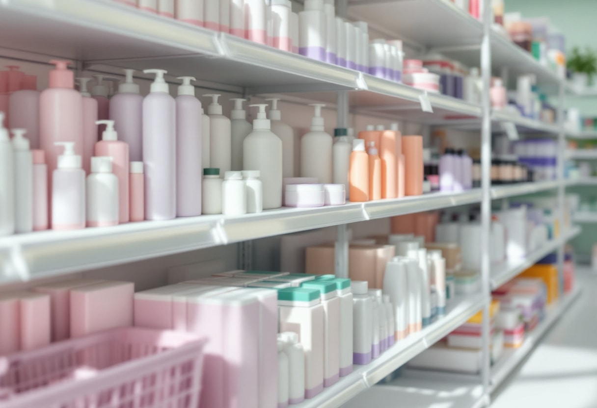 Pharmacy personal care aisle with neat facings of soft packaged feminine care products in pink and white