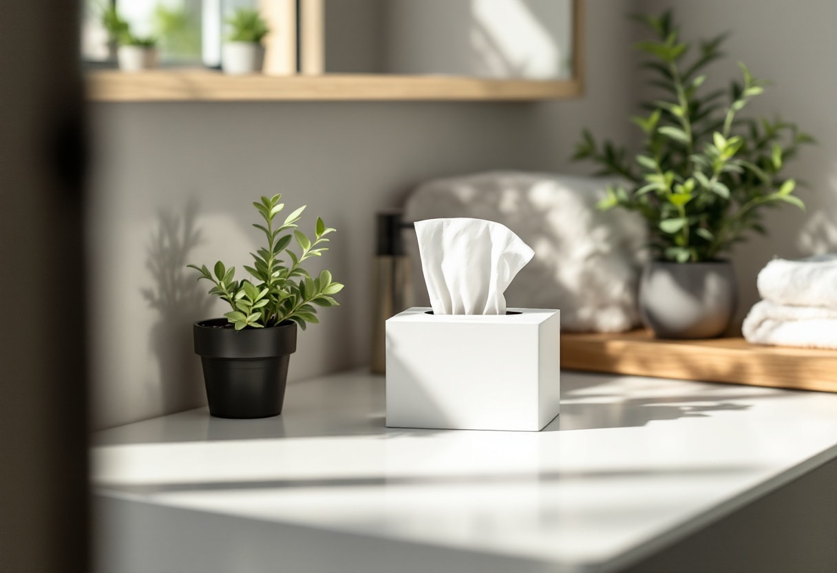 Facial tissue box on a timber bathroom shelf in a modern New Zealand home with a small fern