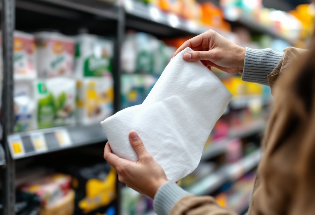 Store buyer in a supermarket aisle turning over a kitchen towel pack to read the FSC label on the back