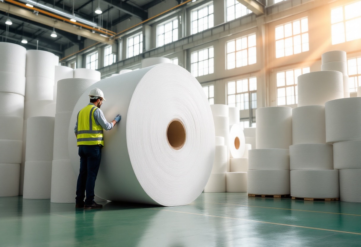 Large white tissue parent rolls stacked inside a modern tissue paper mill with a worker inspecting one roll