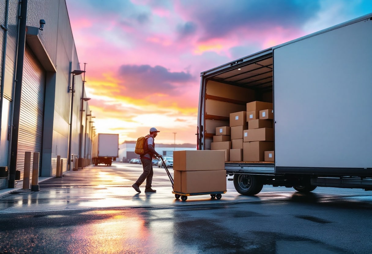 Delivery van being loaded with cartons at an Auckland warehouse dock