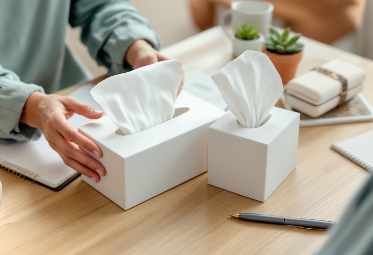 Retail buyer comparing two facial tissue samples at a desk while checking wholesale tissue specifications